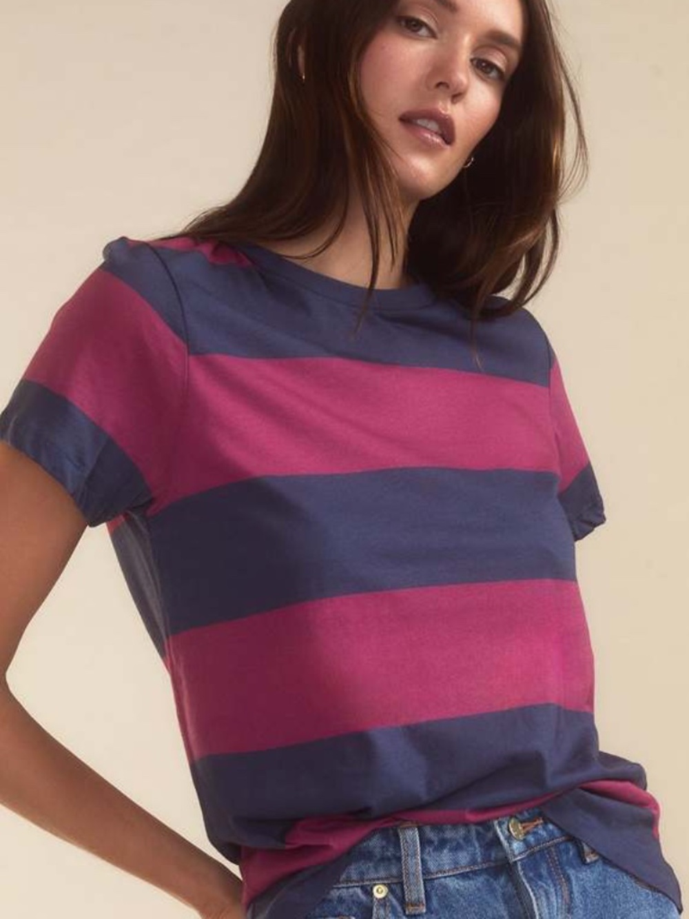 Cynthia Rowley Red Navy Striped Tee Shirt Short Sleeve Cotton Top M/L
